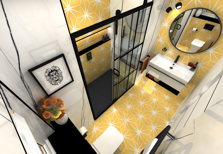 image of 3D CGI bathroom design of a yellow star tiled bathroom with black fixtures and fittings and walk in recessed shower above shot